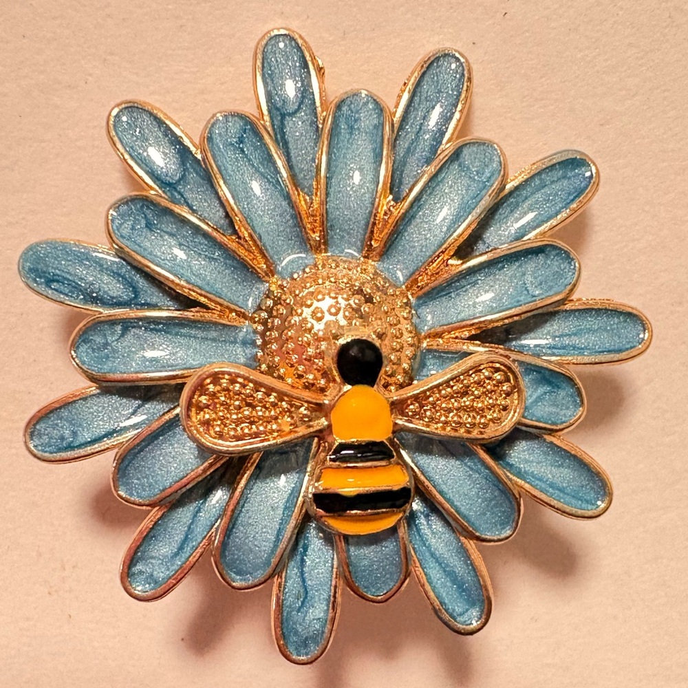 Blue and yellow enameled Bee Flower Brooch